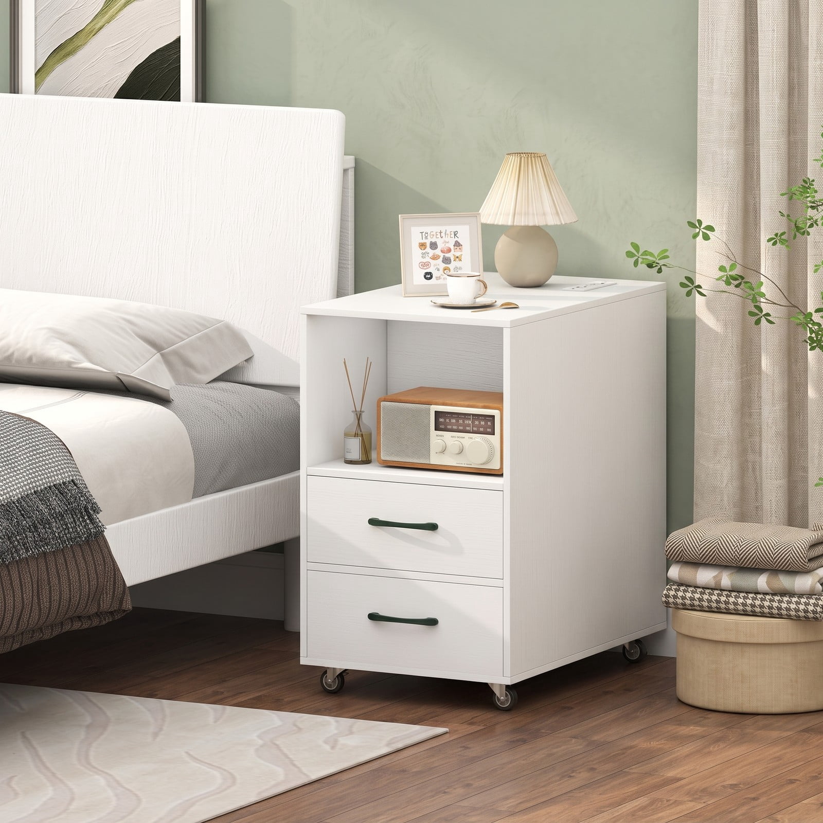 Furnibear End Table with Built-in Charging Station, Sofa Side Bedside Table on Wheels with 2 Drawers and 3 Open Shelves, USB and Type-C Ports, Rolling, White