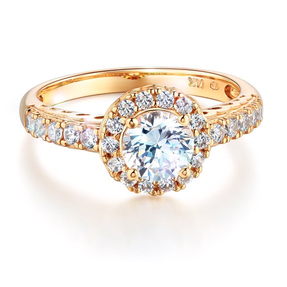 Wellingsale Ladies Solid 14k Yellow Gold Polished CZ Cubic Zirconia Round Cut Halo Engagement Ring with Side Stones - Size 4