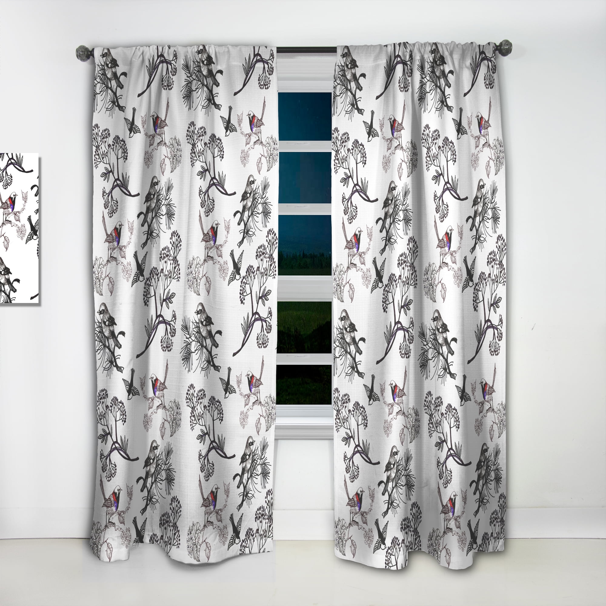 Designart 'Birds With Floral Pattern' Floral Curtain Panel