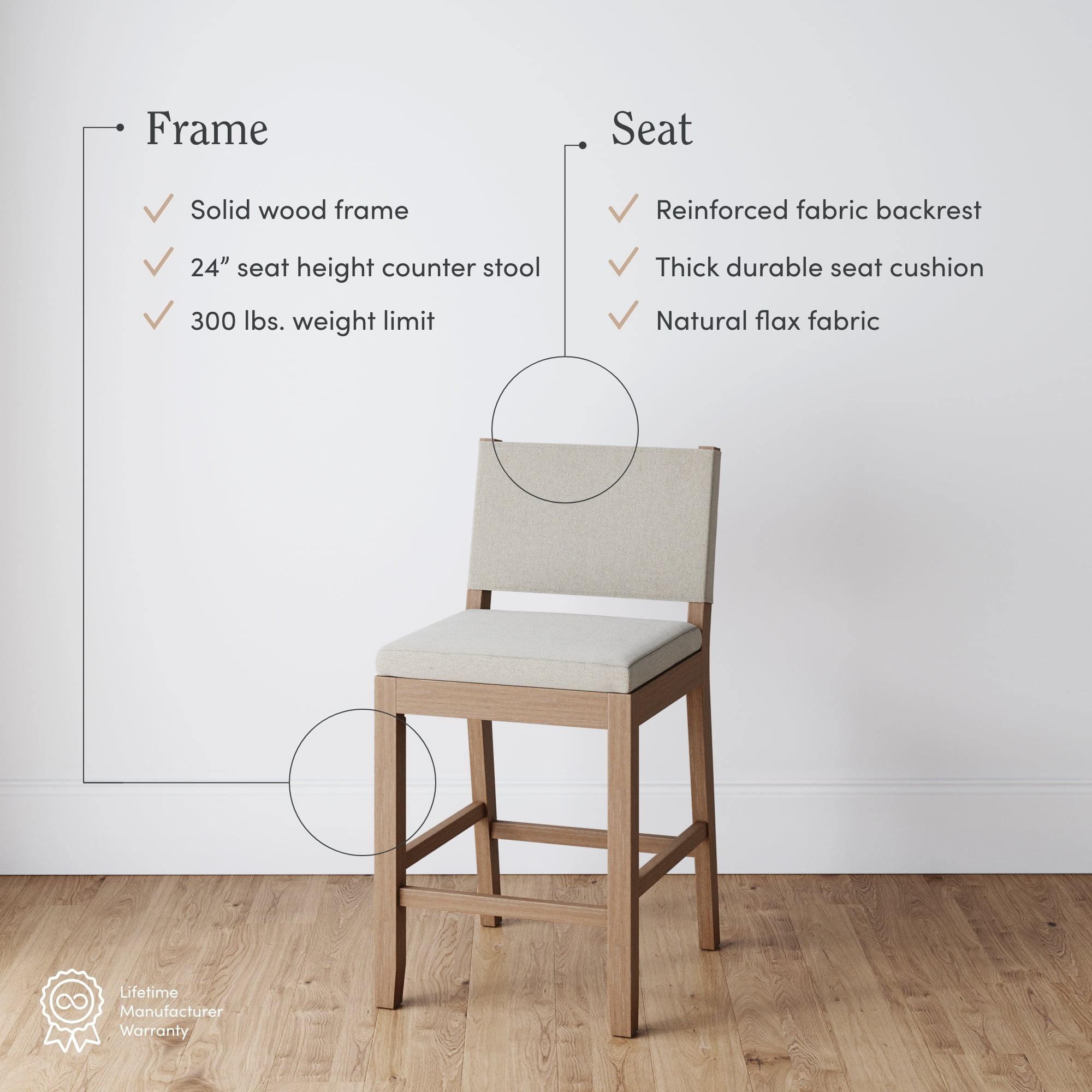 Nathan James Linus Modern Upholstered Counter Height Bar Stool with Back and Solid Rubberwood Legs in a Wire-Brushed Grey Finish, Natural Flax/Brown