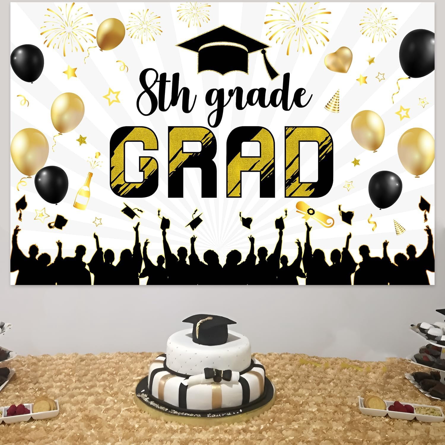 5 * 3ft 2024 Congrats Grad Graduation Backdrop 8th Grade Grad Graduation Photography Background Cloth Golden Black Glitter Printed Bachelor Cap Balloon Props Banner for Grad Congrats Prom Party Decor