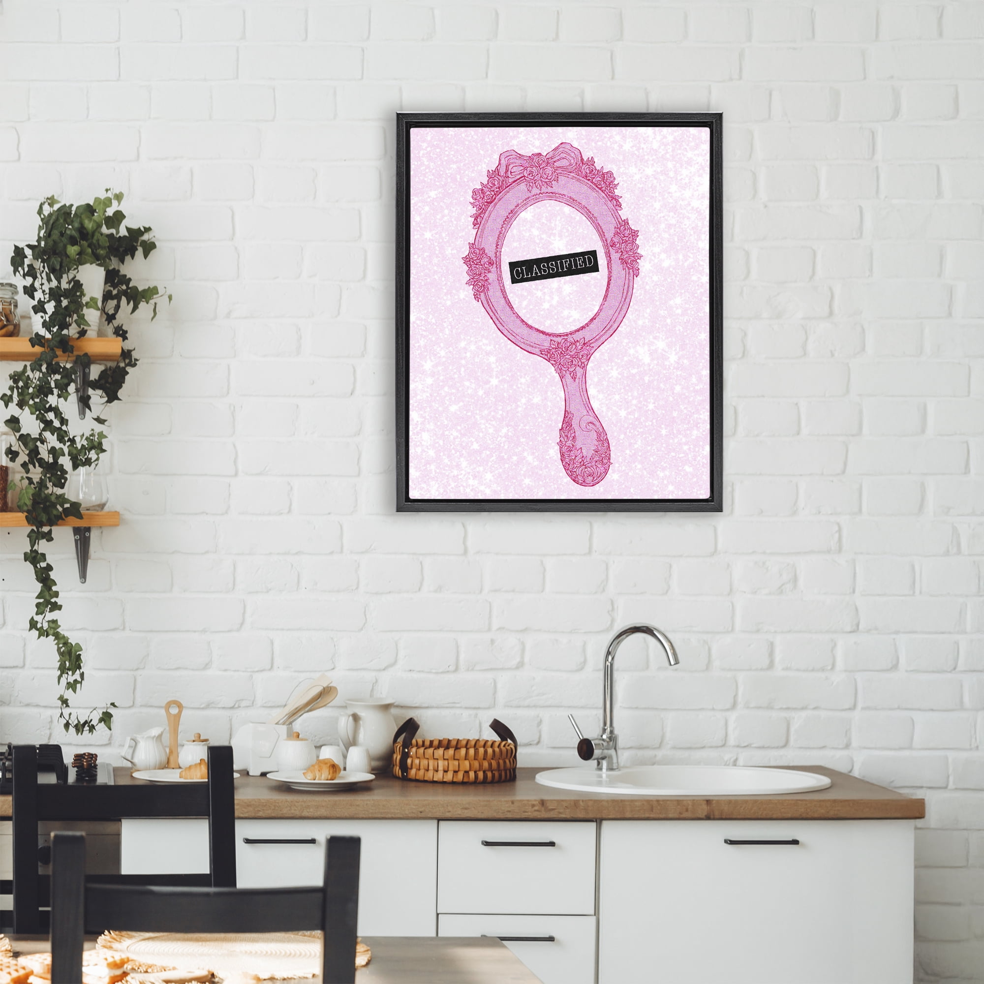 Stupell Industries Classified Ornate Pink Mirror Black Framed Floater Canvas Wall Art, design by Ziwei Li