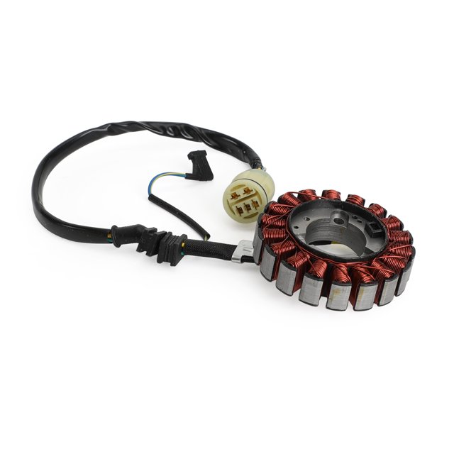 Magneto Stator Generator for Honda TRX350 TE/TM/FM/FE Rancher 350 S ES 00-06. The generator stator coil features high-grade copper windings resistant to 200°C, a durable lamination material, and a plug-and-play design for easy installation. Includes a connector and is compatible with various Honda TRX350 models from 2000 to 2006. Shown with a coiled copper stator, black wiring harness, and a multi-pin connector.