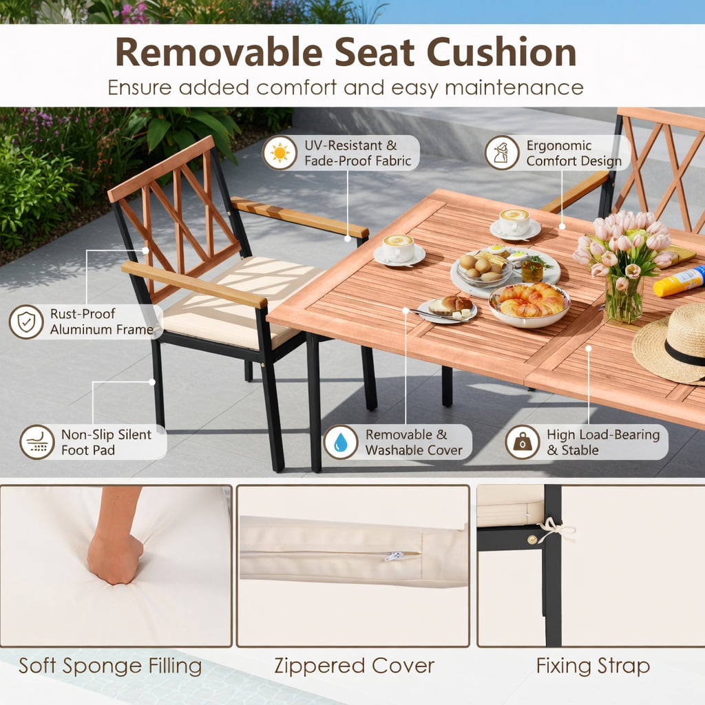 Hommoo 2-Pack Modern Outdoor Dining Chairs with Removable Cushions, Metal Frame & Acacia Wood Backrest – 18" Seat Width, Black & Natural