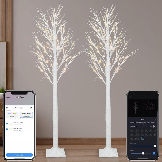 Árbol de abedul inteligente Aoycocr de 6 pies con 120 luces LED, 18 modos, paquete de 2