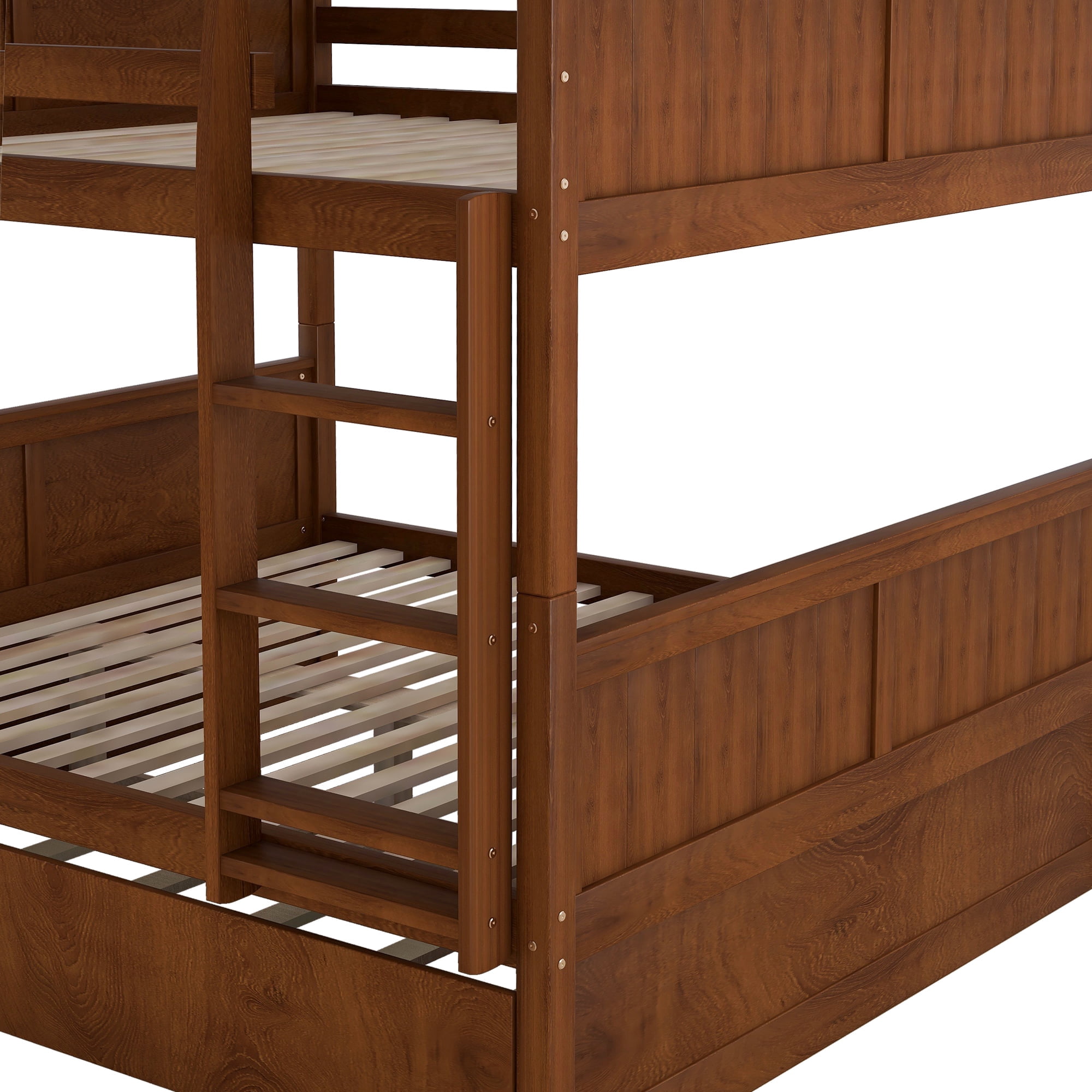 DEALTOPS Full Over Full Bunk Bed with Twin Size Trundle for Kids and Adults, Wood, Walnut