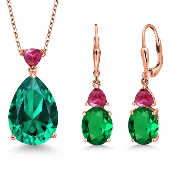 Gem Stone King 18K Rose Gold Plated Silver Green Nano Emerald and Red Created Ruby Pendant Earrings Jewelry Set for Women (14.54 Cttw, Pear Shape 18X13MM, with 18 inch Chain)