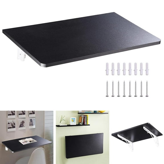 Yescom Wall Mounted Floating Folding Desk Wooden PC Dining Drop Leaf Table 24"x16" 50lbs Weight Capicity for Study Black