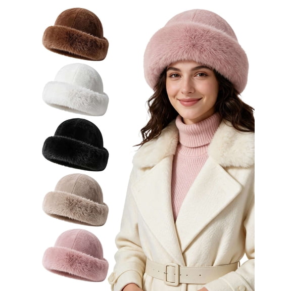 Spencer Women's Faux Fur Hats Fluffy Bucket Hat Russian Style Outdoor Winter Warm Cap for Girls, Black