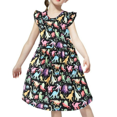 

Girls Flying Sleeves Dress Colorful Dinosaur Dress Sundress Party Dress