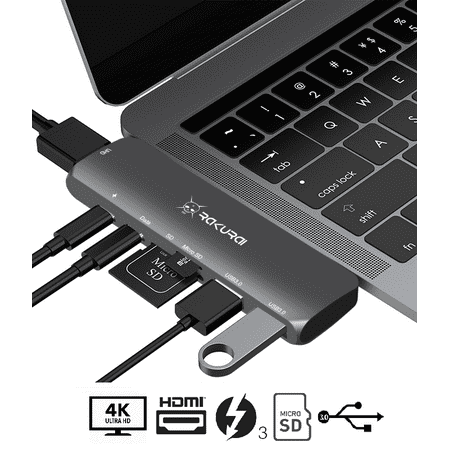 RAKURAI 2018 Thunderbolt 3 Hub - USB Type C, 4K HDMI, USB 3.0 Pass-Through, SD/Micro Card Reader, 2 USB 3.0 Ports for 2016/2017 MacBook Pro 13-Inch and 15-Inch (Space Gray) UP TO
