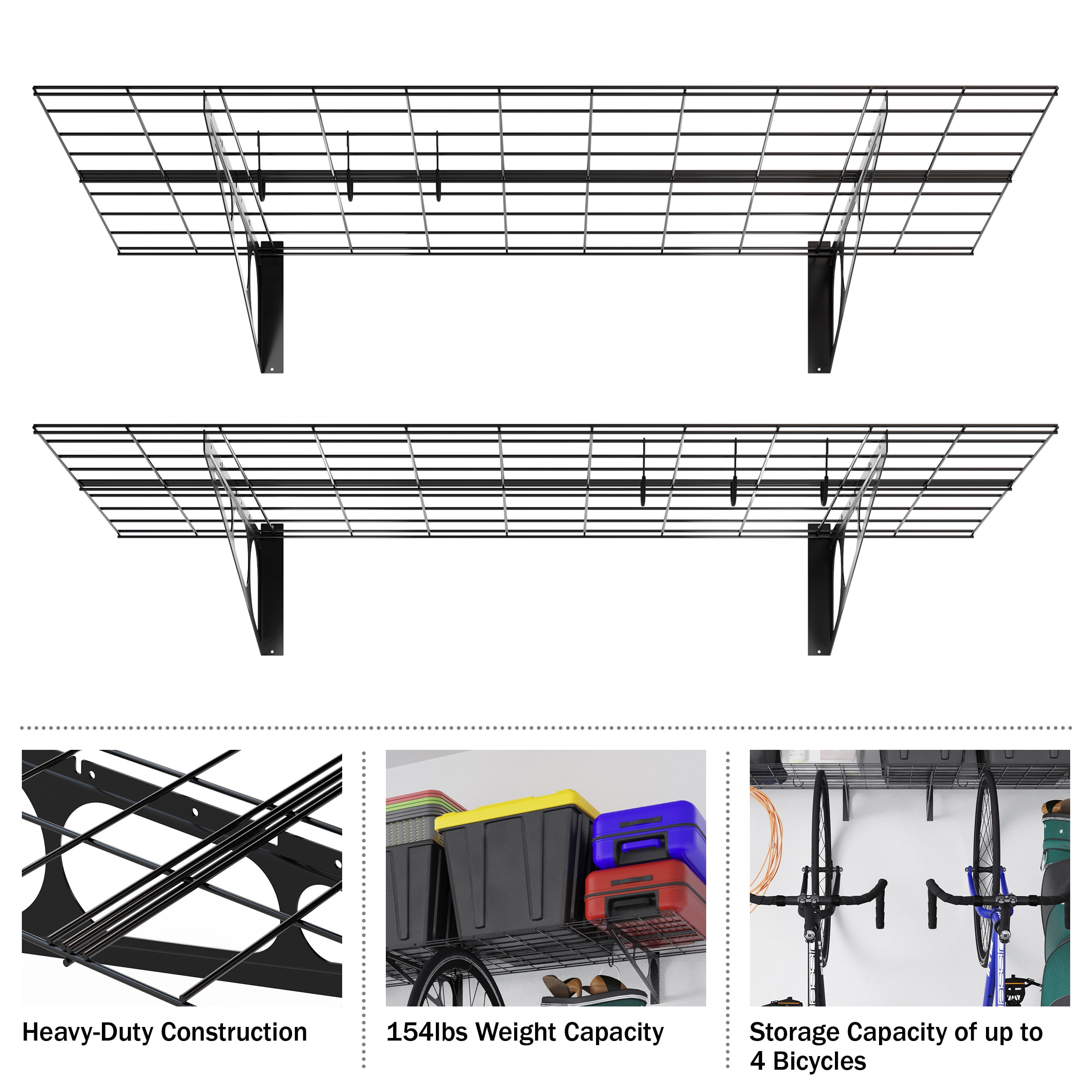 RAD Sportz Bicycle Storage Hooks Garage Shelves, Easy Installation, Plain, 2-Pack, Black