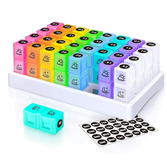 30 Day Pill Organizer Monthly, Portable One Month Pill Box Cases with 32 Twice a Day AM PM Compartments for Vitamins, Fish Oil, Supplements and Medications