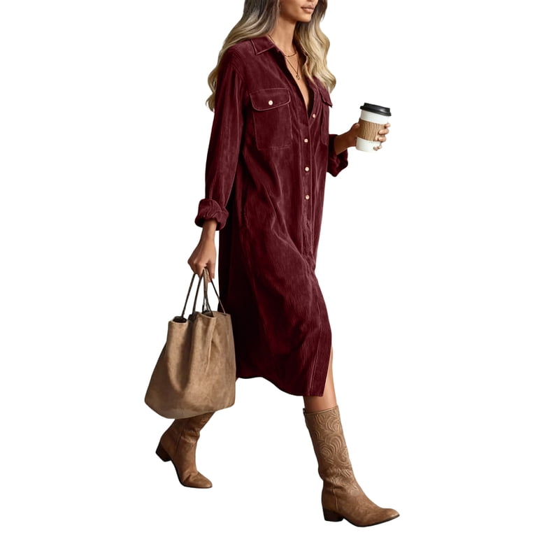 chinese dress ladies Button Front Belt Long Sleeve Corduroy Dress Light Brown / XL main image 1