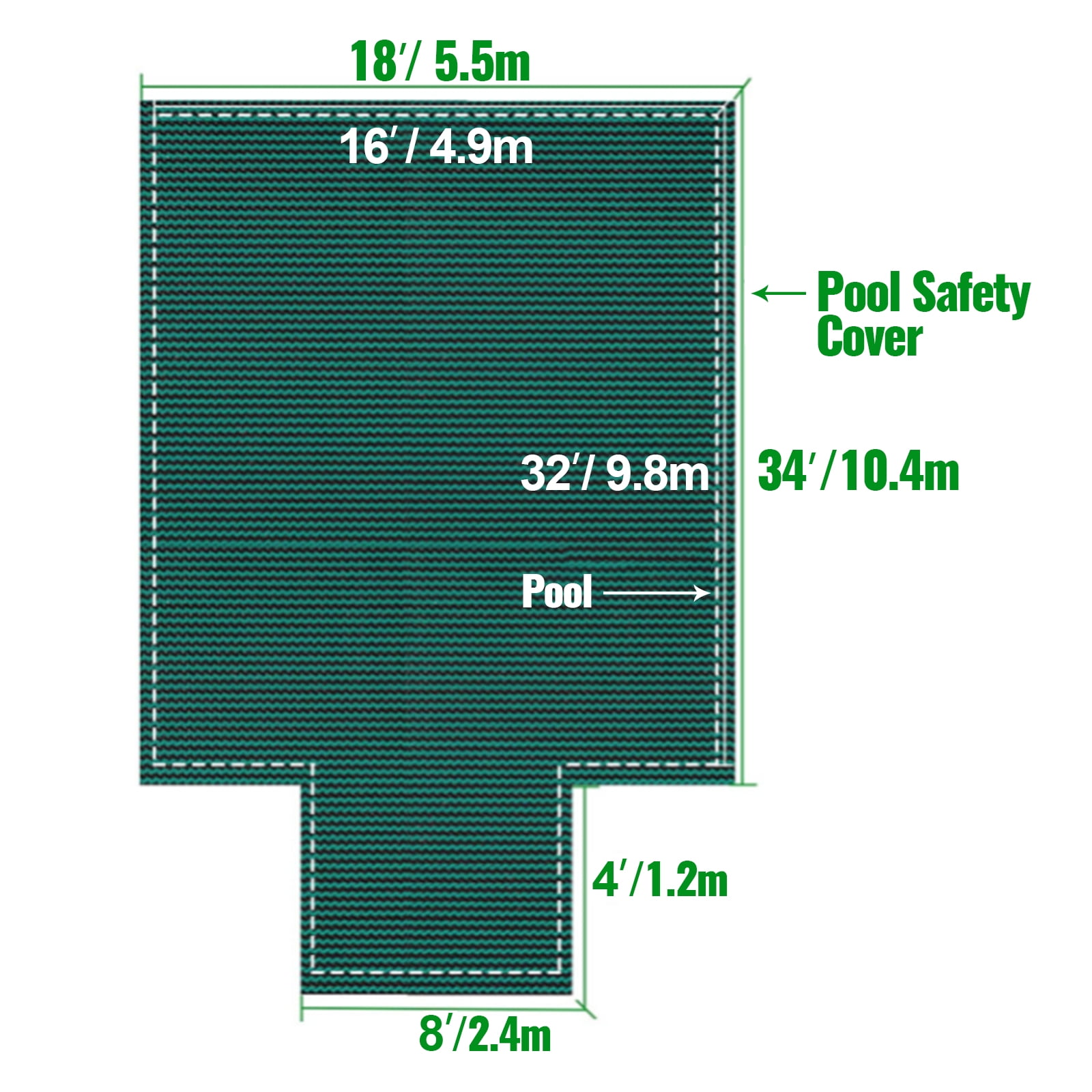 KFFKFF Rectangular Safety Pool Cover 16X32 FT Green Step Section 4X8 FT Winter Outdoor