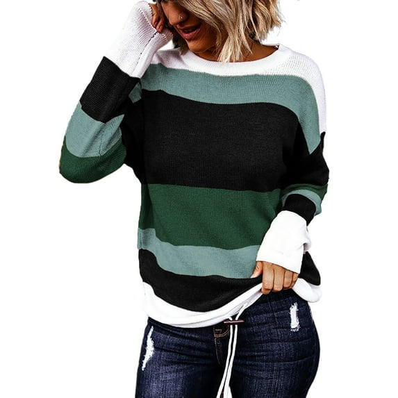 Asyoly Womens Color Block Knit Sweater Pullover Long Sleeve Crew Neck Drawstring Hem Jumpers Tops