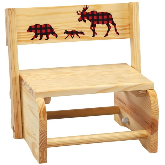 Children's 2-in-1 Step Stool and Chair, Natural Wood, Buffalo Plaid Design