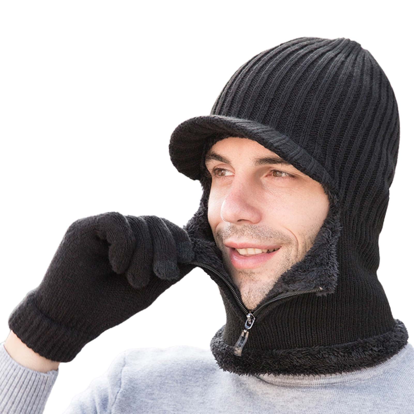 Winter Knit Set Unisex Warm Hats Wind-Proof Cap Integrated Cold-Proof Hood Hat 