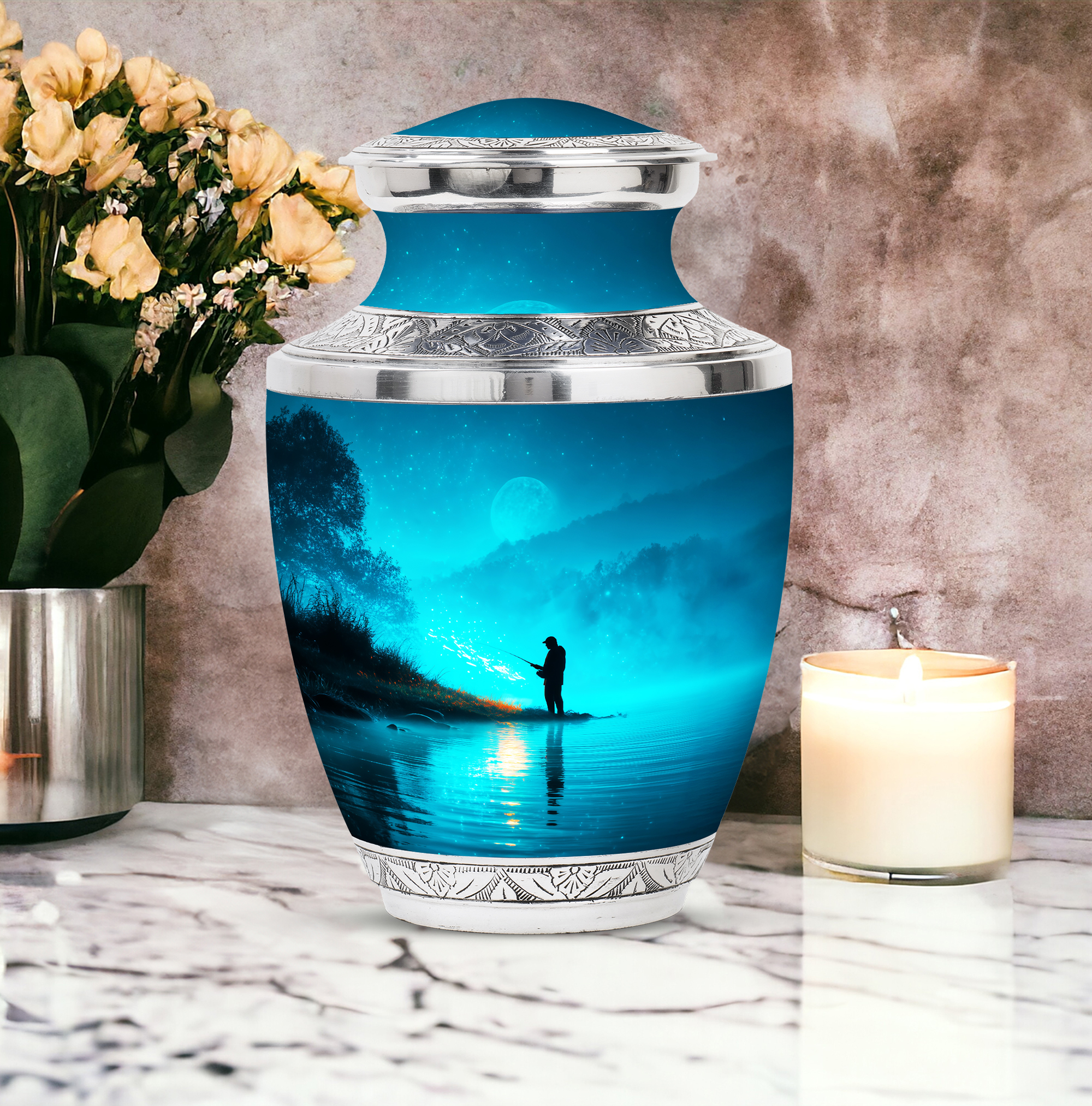 MUKTIVE Fishing Silhouette Large Cremation Urns for Human Ashes - Blue, Evening Burial Urn for Adult Human Ashes - Decorative Cremation Containers - Remembrance Gift for Loss of Mom (10 Inch)