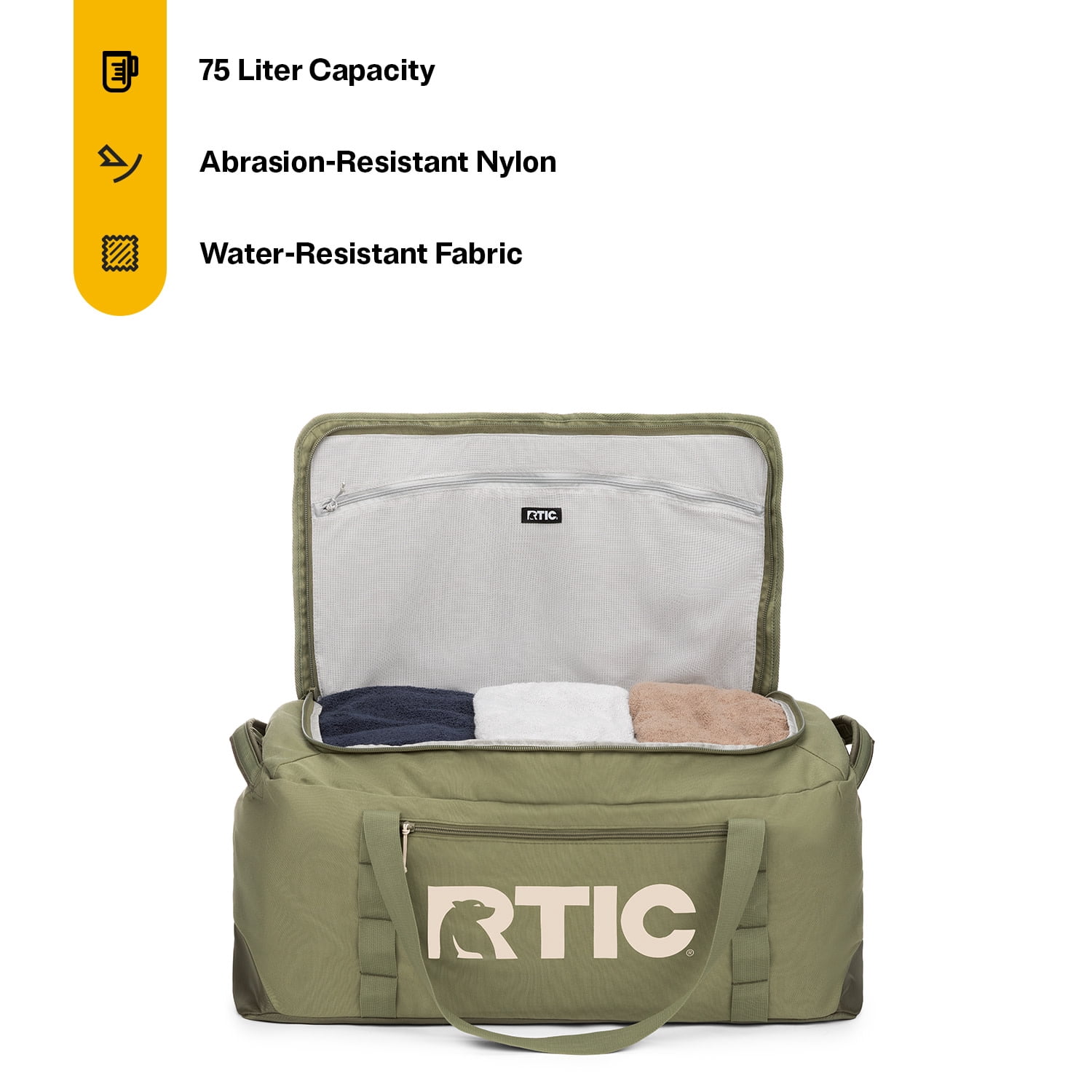 RTIC Road Trip Duffle Bag, Large, Water Resistant, Durable Fabric, Olive & Beach