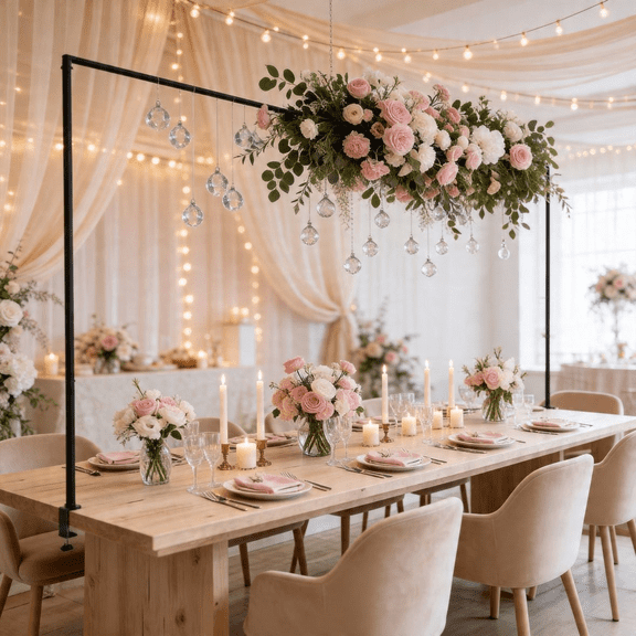 Over The Table Rod Stand with Clamps Adjustable 13''-47'' Tall 29"-98" Length Black Table Arch Hanging for Wedding Birthday Party Halloween Christmas