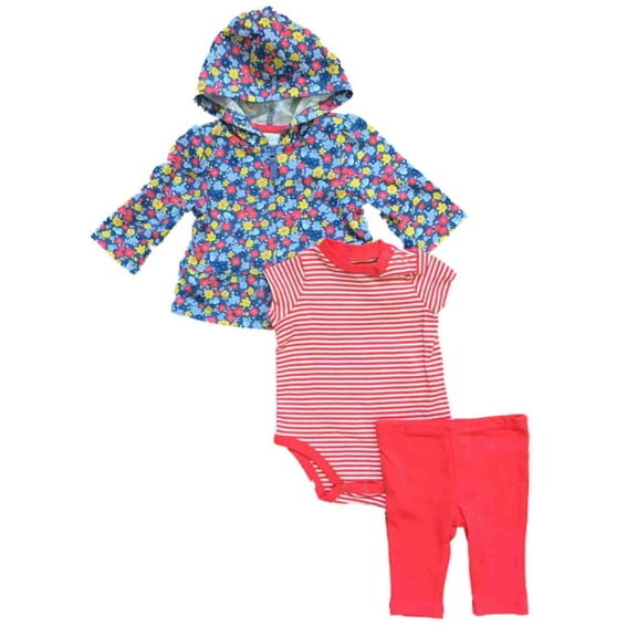 Infant Girls Baby Outfit Blue Floral Hoodie Coral Stripe Bodysuit & Pants 0-3m