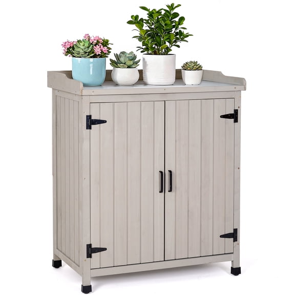 Outdoor Potting Bench with Metal Work Top - Waterproof Garden Storage Cabinet, Wooden Tool Station Shed for Backyard, Patio, Lawn Gardening