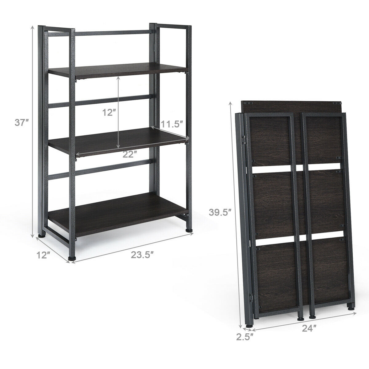 Costway 3-Tier Folding Bookshelf Foldable Metal Storage Shelf Portable Display Rack Grey - image 2 of 10