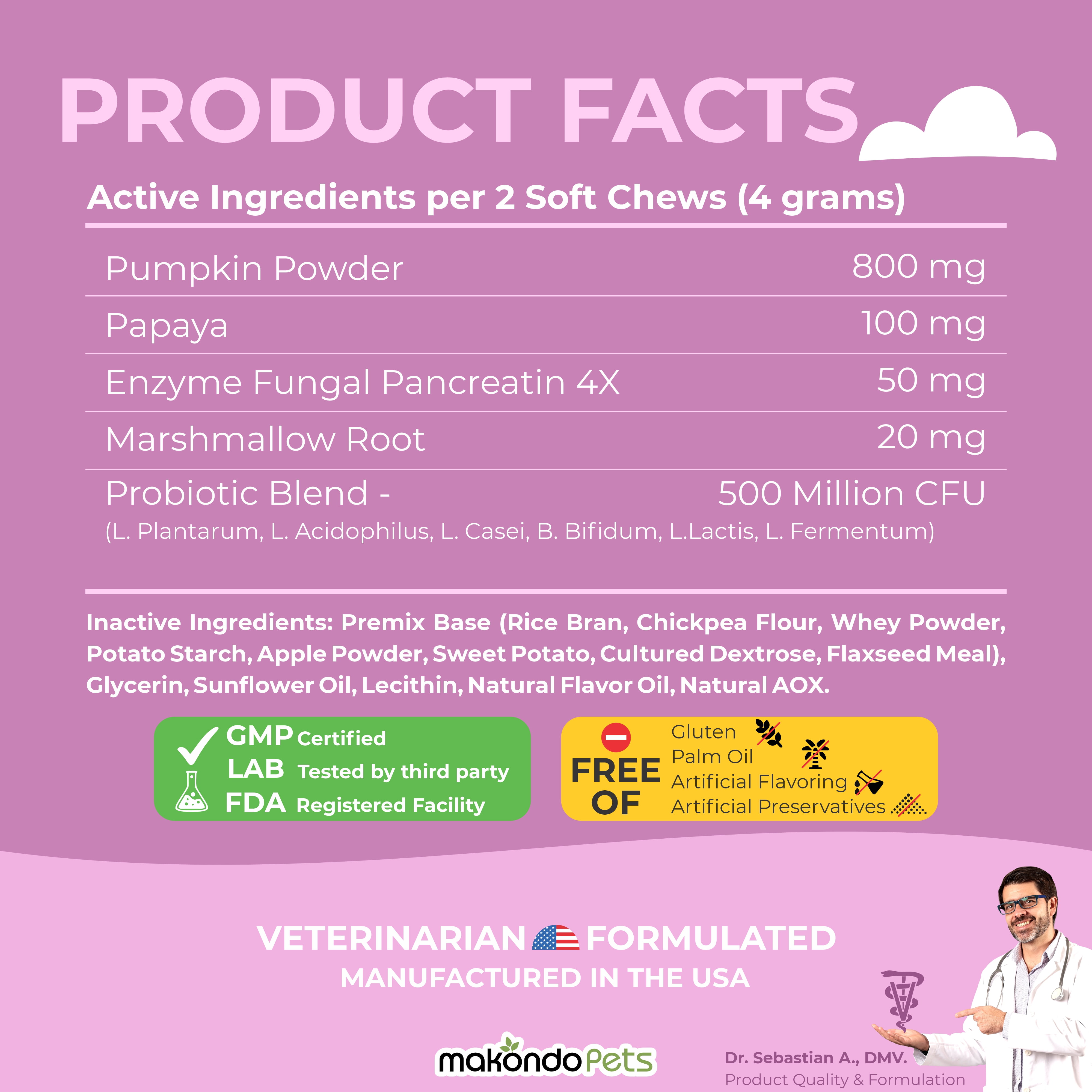 Dog Probiotics + Digestive Enzymes - 120 Soft Chews, Diarrhea & Gas Support