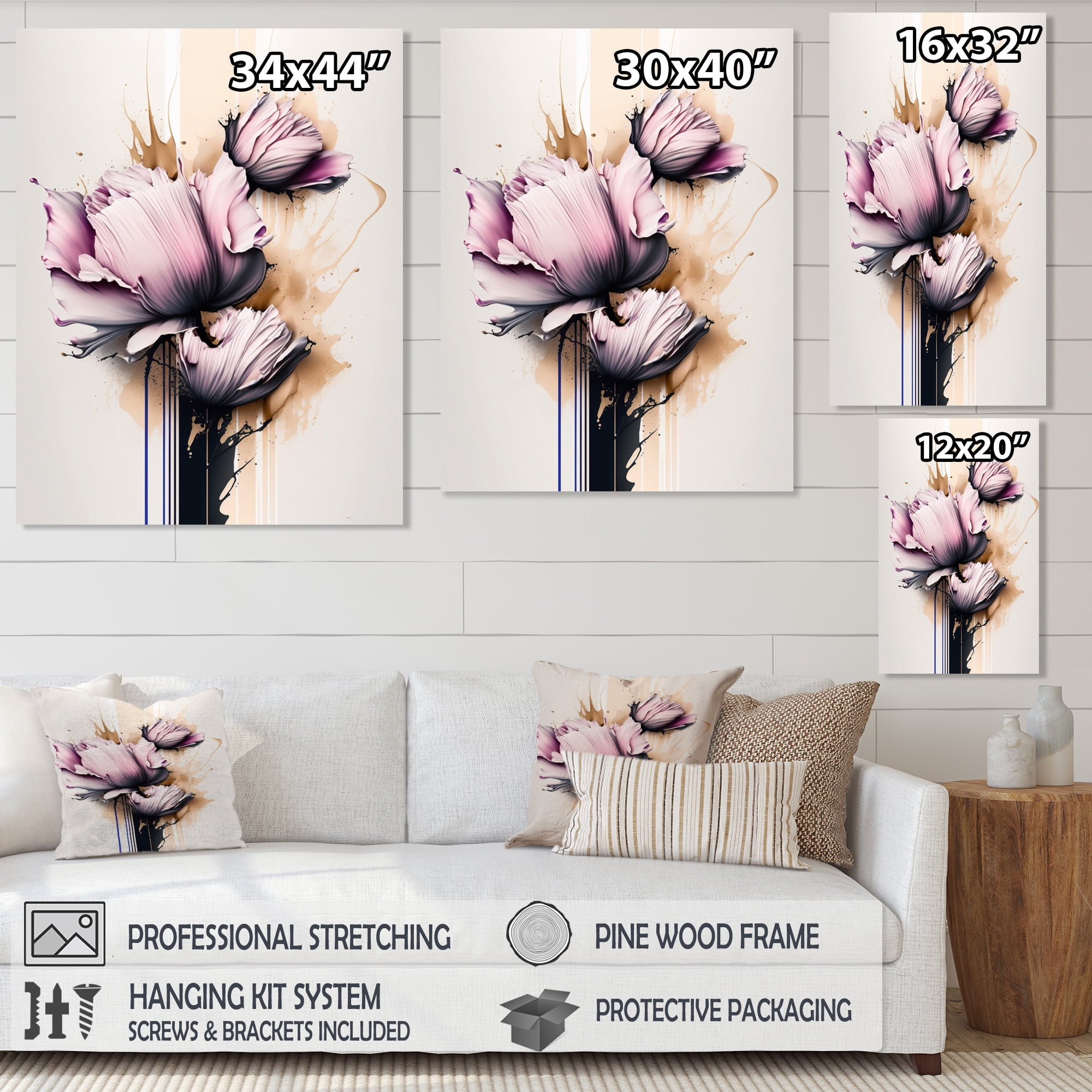 Designart Pink Peony Flower On Abstract Paint Canvas Wall Art