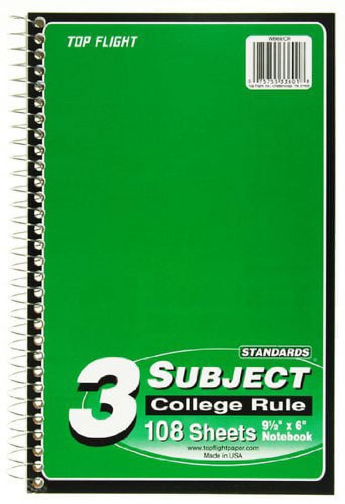 Top Flight 3 Subject Wirebound Notebook 108 Sheets College Rule (Pack of 48)