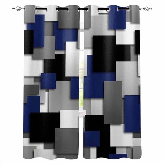 Navy Blue Black Geometric Blackout Curtains for Bedroom/Living Room, Thermal Insulated Kitchen Curtains, Modern Abstract Art Block Grommet Darkening Window Treatment Drapes 27.5"x39"x2