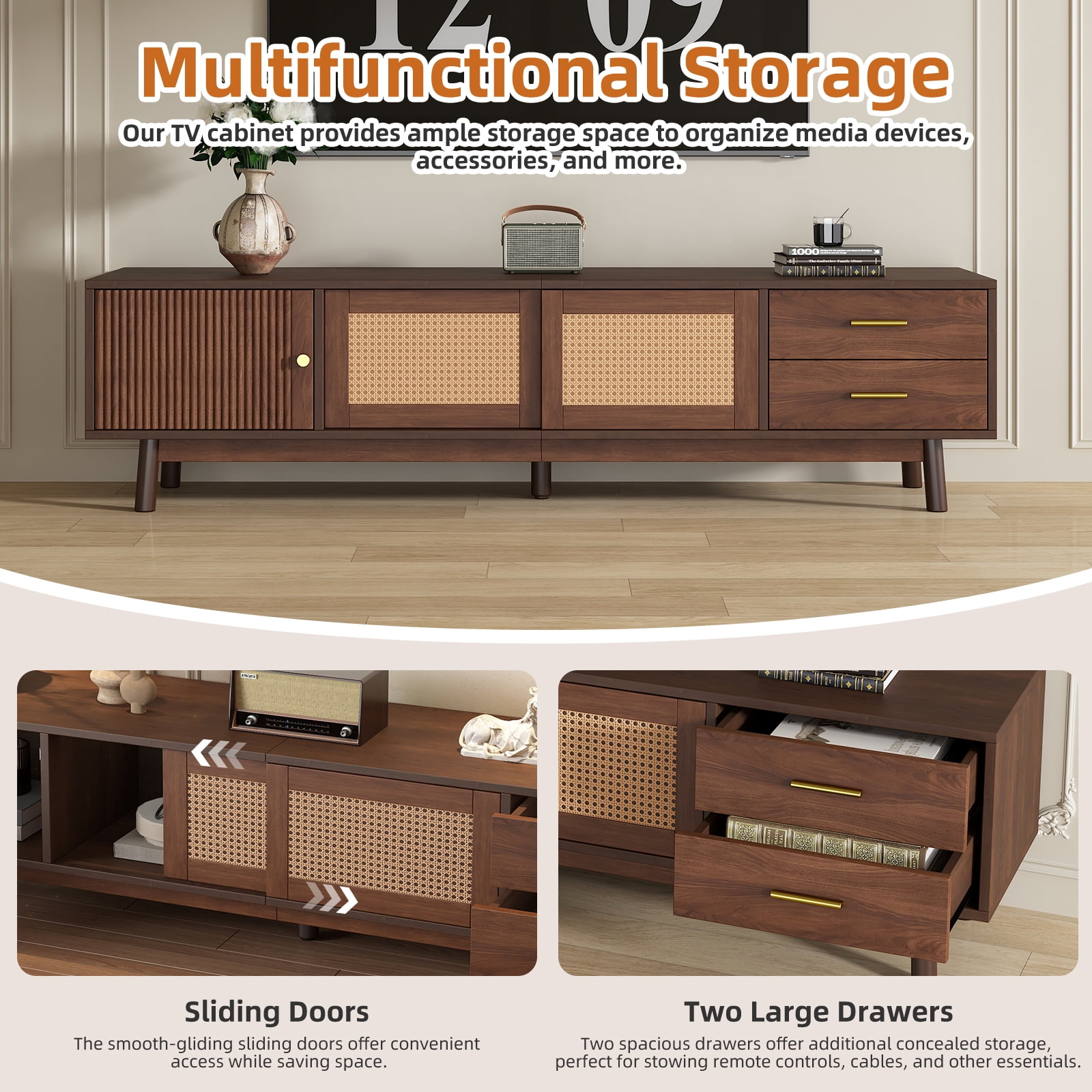 TV Stand for TVs up to 80 Inch, Entertainment Center with Rattan Sliding Doors & 2 Drawers, Media Console with Solid Wood Legs for Living Room