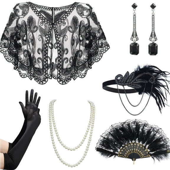 1920s Flapper Costume Accessories Set for Women Great Gatsby Vintage Shawl Feather Poncho Fan Outfits