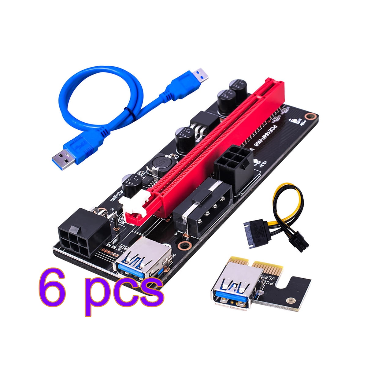 6 PACK SATA 009S Blue PCI-E 1X to 16X9 Raiser Card with Blue 60cm USB 3.0 Cable 