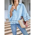 thumbnail image 5 of Womens 3/4 Bell Sleeve Button Down Shirts Casual Ruffle Hem Tops Eyelet Blouse Light Blue L, 5 of 6