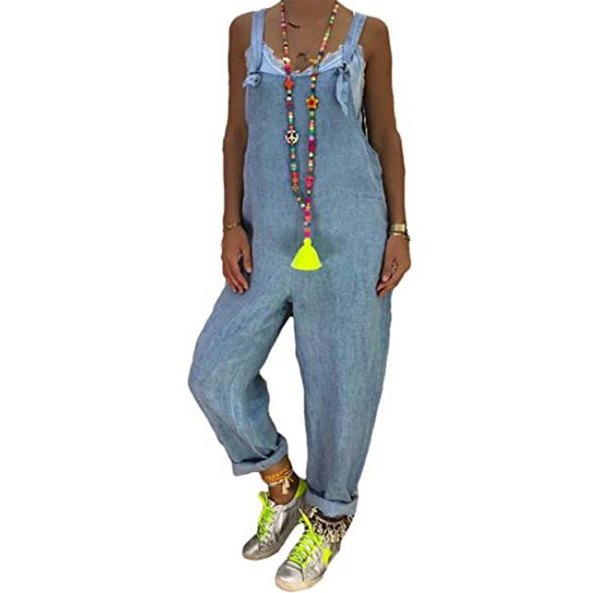 FOCUSNORM FOCUSNORM Women's Loose Baggy Denim Wide Leg Jumpsuit Plus Size