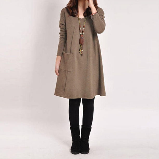 Otoño Invierno vestido de las mujeres del tamaño extra grande de manga larga bolsillos Solid cu MABOTO Vestido de manga larga para mujer