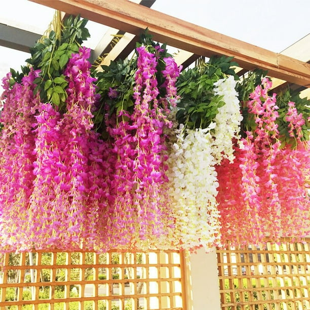 12 unidades/juego de decoración de techo de flores de glicina, simulación de ratán, decoración creativa de boda, hojas de plástico de calidad, diseño de boda, púrpura ZefeiWu 8390606361134