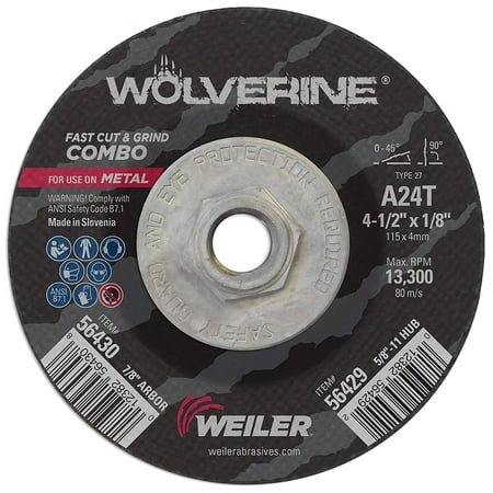 

Weiler 56429 Wolverine Type 27 Cut and Grind Combo Wheel A24T 5/8 11 UNC Nut 4 1/2 x 1/8 Aluminum Oxide 4.5 Diameter (Pack of 10)