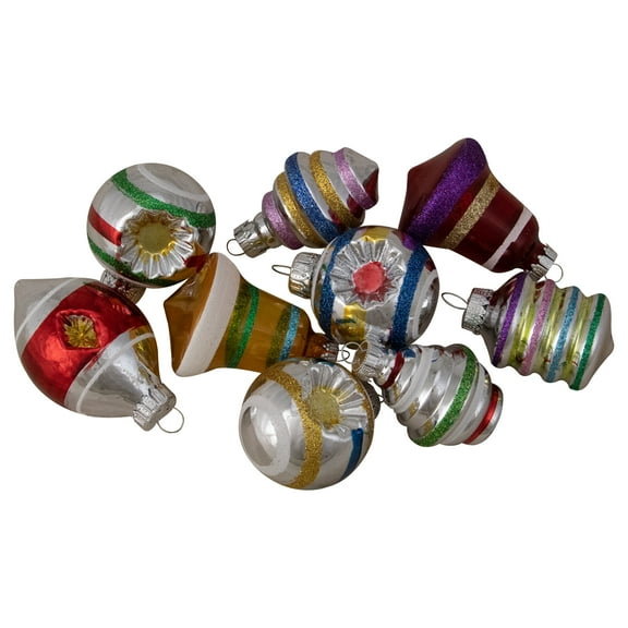 Northlight 9 Pcs Set, Multi-Color Shiny Glitter Striped Glass Christmas Ornaments