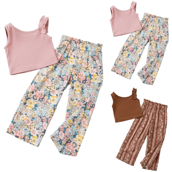 WUANDIXFA Girls 2 Piece Outfits Spring Summer Tropical Hawaiian Beach Vacation Wide Leg Pants Set Size 4-12 (Brown, 6-7 Years)