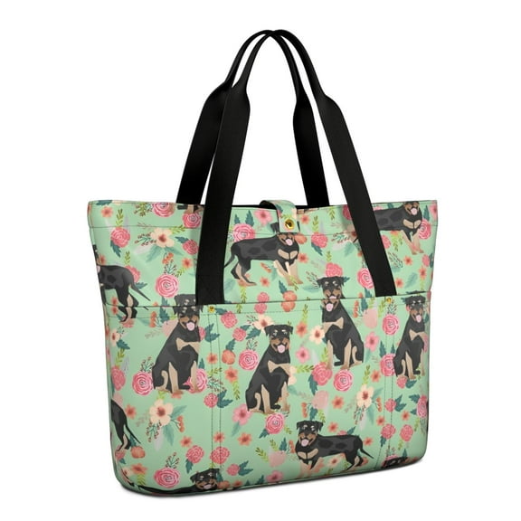 Tote Bag for Women - Rottweiler with Floral Shoulder Bag - Large Utility Work Duffle Bag with Zipper Handbag for Travel, Work, Sprots