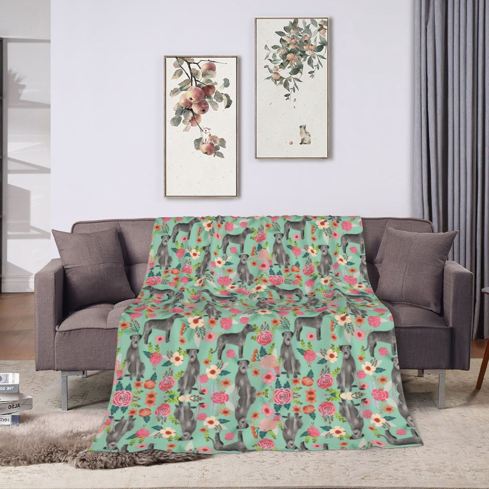 Wijzvio Irish Wolfhound Floral Dog Throw Blanket Soft Fuzzy Fleece Blanket For Couch Bed Living Room Decoration 60"X50"