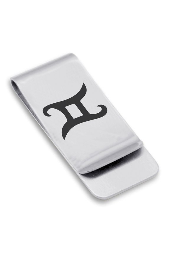 Stainless Steel Gemini Zodiac Sign (Twins) Classic Slim Money Clip Credit Card Holder