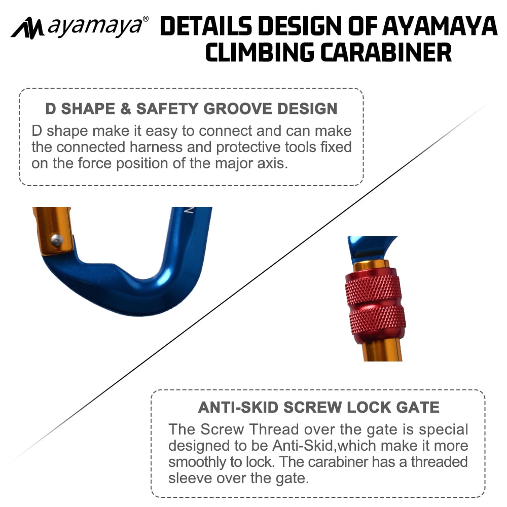 3PACK AYAMAYA Climbing Carabiner, Aluminum D Ring Locking Clip Hook, Screw Locking Screwgate Carabiners,Screw Lock Hook for Traveling Camping (Blue)
