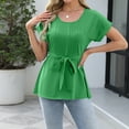 thumbnail image 6 of Lmnyox Fashion Tunic Tops for Women Tie Waist Pleated Short Sleeve Blouses 2025 Trendy Crew Neck Shirts Outfits, 6 of 7