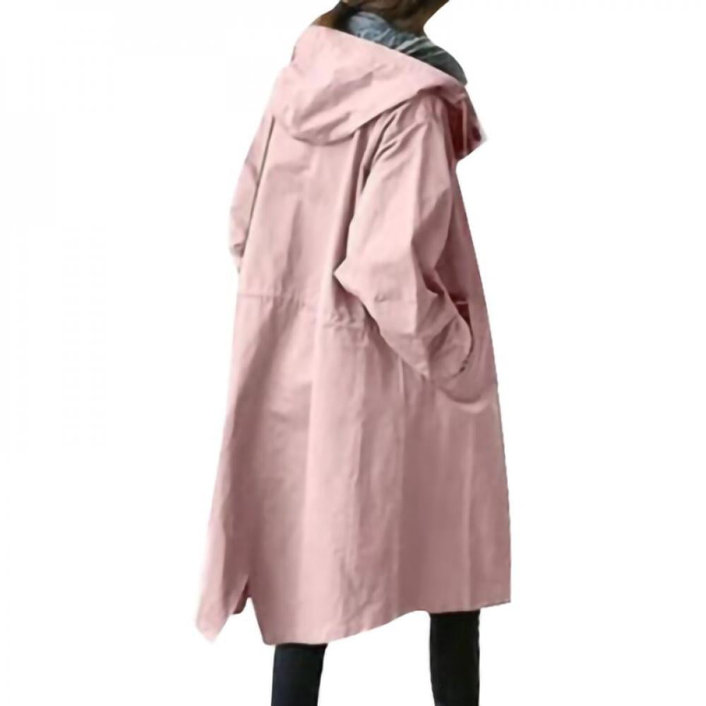 Corgy Women Long Sleeve Causal Drawstring Button Pocket Long Raincoat Windbreaker 