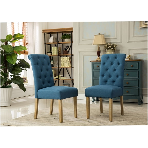 Blue Velvet Parsons Dining Chairs Set of 2, Upholstered Side Chairs with Button Tufted Back and Solid Wood Legs for Kitchen Dining Room