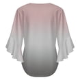 thumbnail image 6 of Pink Gray Gradient Women's V-Neck Blouse With 3/4 Ruffled Bell Sleeves Casual Top Ladies Blouses, 6 of 7